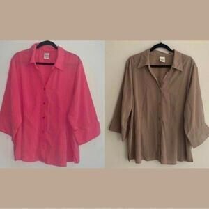 2 Blair Pink & Tan Collar V Neck Button Down Blouse Semi Sheer